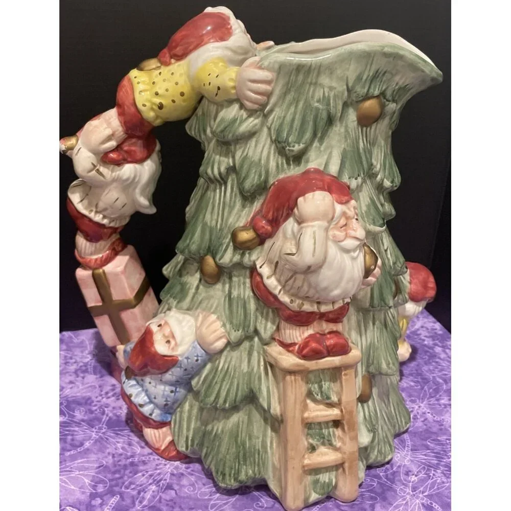 Vintage 1989 Fitz and Floyd Old World Christmas Elves Trim A Tree‎ Pitcher 2 QT